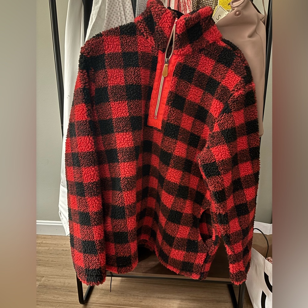 Pink Lily Red and Black Buffalo Plaid Sherpa Quarter-Zip